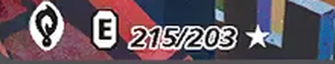 The bottom strip of Umbreon VMAX from Evolving Skies: the set symbol, E, 215/203 and a single star