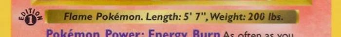 Base Set Charizard: the height and weight bar under the artwork, with no set symbol at its right-hand end