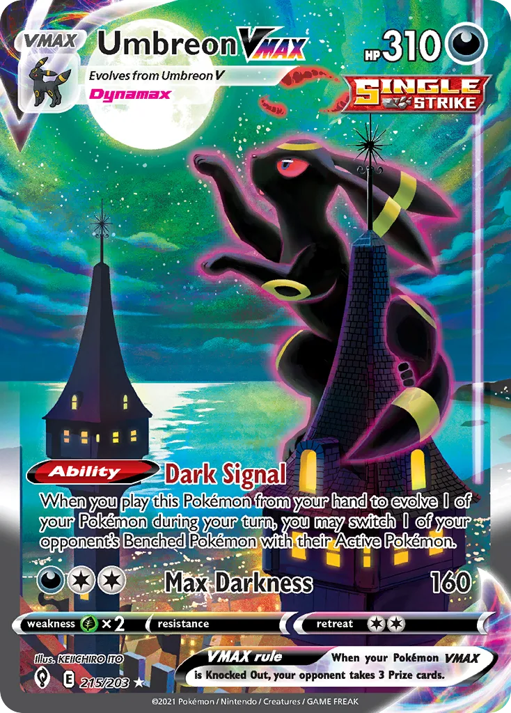 A holofoil Umbreon VMAX card, Evolving Skies 215/203, tilted under the light.