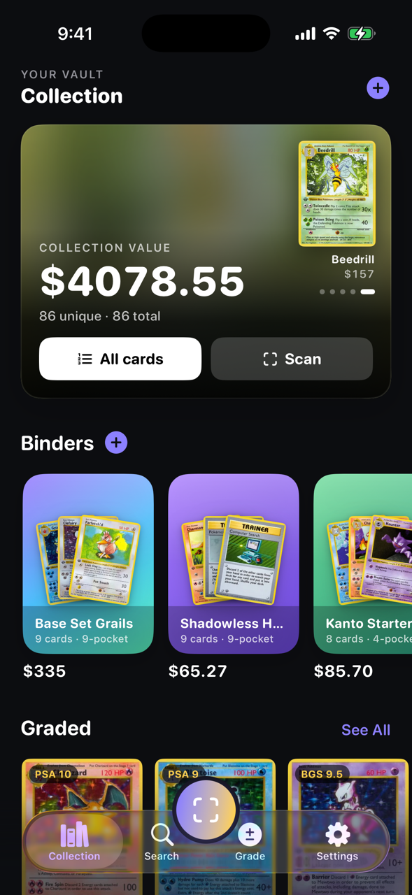 The collection screen: a running total of $4,078.55 across 86 cards, above a shelf of binders each with its own value.