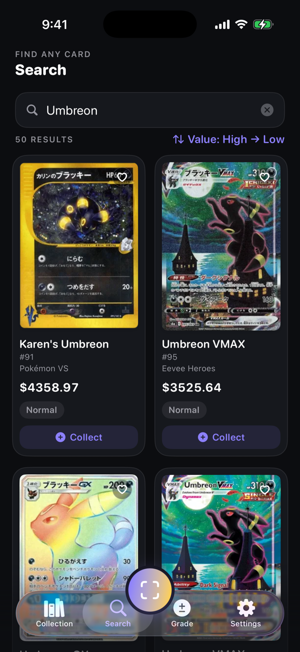 A search for Umbreon sorted by value, with the Japanese and English printings of Umbreon VMAX priced separately.