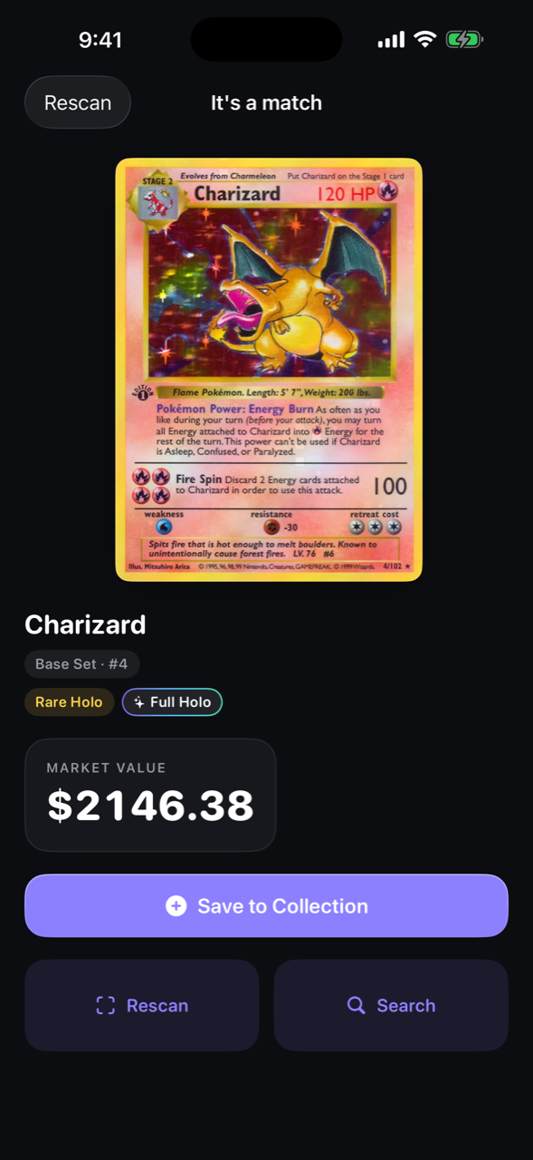 Cardient after a scan: a Base Set Charizard identified as Rare Holo, #4, with a market value of $2,146.38.