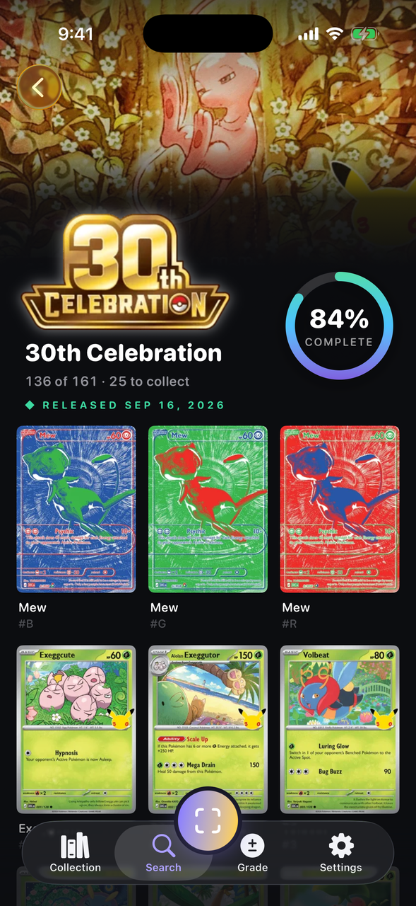 The 30th Celebration set screen: Mew artwork bleeding behind the header, an 84% complete ring, and the line 136 of 161 with 25 to collect, above the set's card grid.