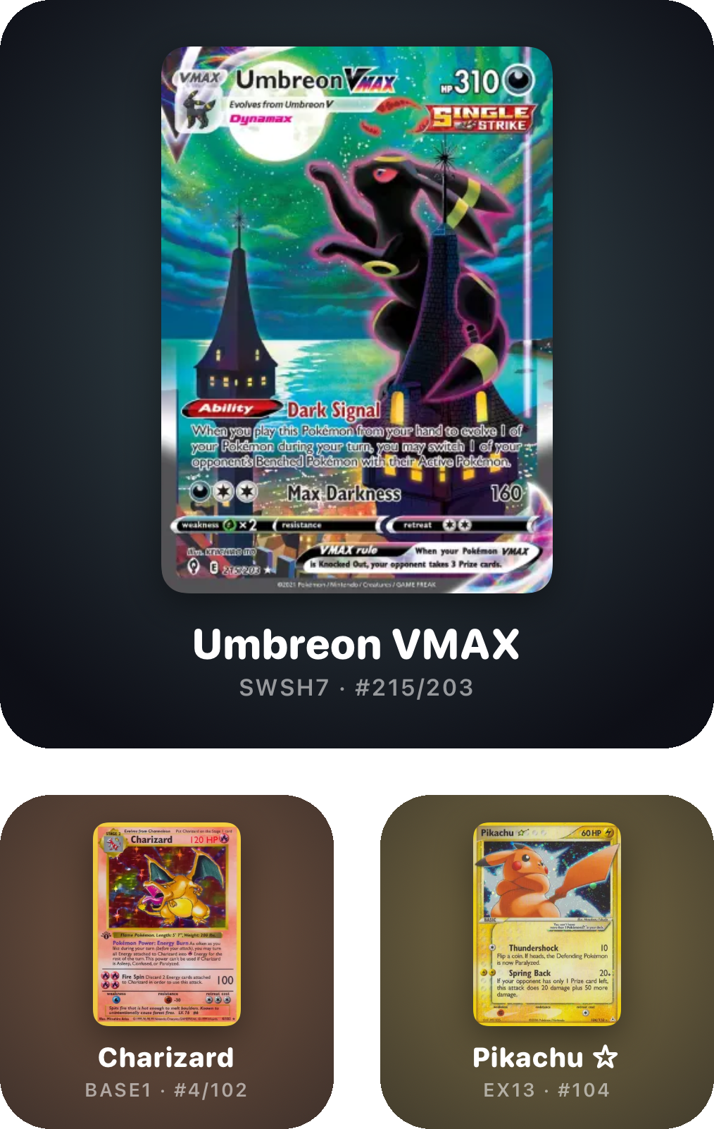 The Cardient widget in three sizes side by side: a large Umbreon VMAX above two small tiles, each card glowing over a colour drawn from its own art.